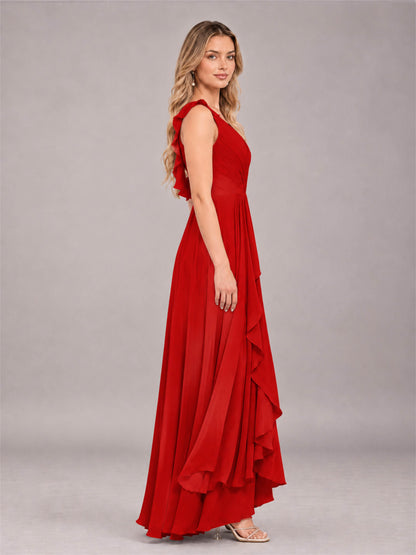 Red Modern V-Neck Sleeveless Ruffles Floor Length Bridesmaid Dress