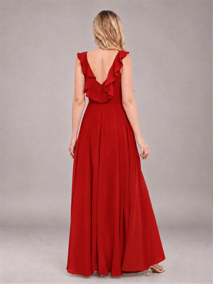 Red Modern V-Neck Sleeveless Ruffles Floor Length Bridesmaid Dress