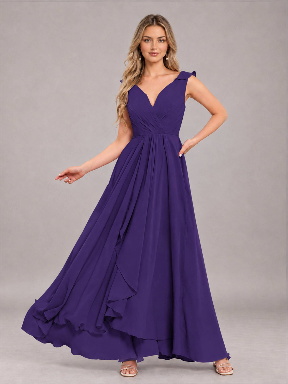 Regency Modern V-Neck Sleeveless Ruffles Floor Length Bridesmaid Dress
