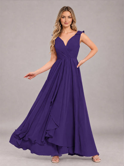 Regency Modern V-Neck Sleeveless Ruffles Floor Length Bridesmaid Dress