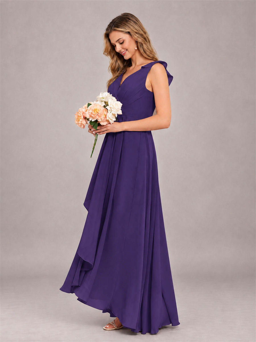 Regency Modern V-Neck Sleeveless Ruffles Floor Length Bridesmaid Dress