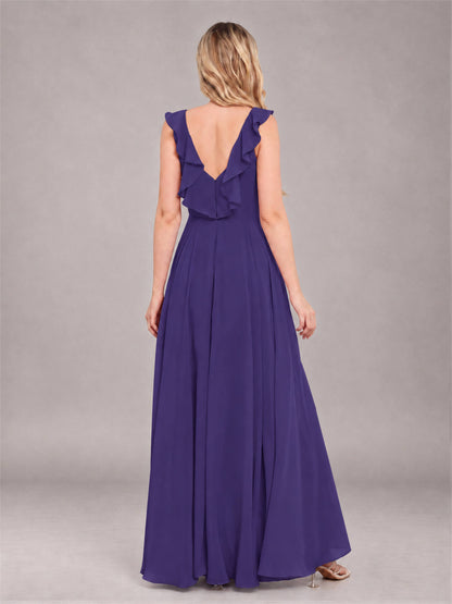Regency Modern V-Neck Sleeveless Ruffles Floor Length Bridesmaid Dress