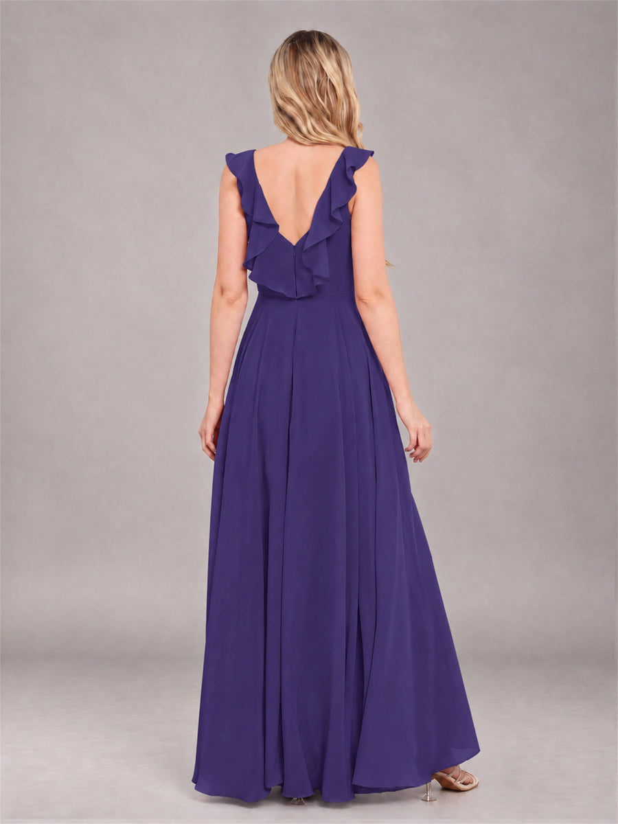 Regency Modern V-Neck Sleeveless Ruffles Floor Length Bridesmaid Dress