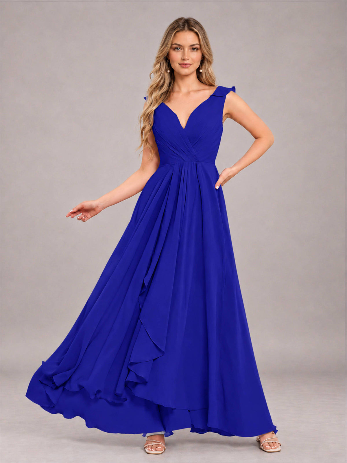 Royal Blue Modern V-Neck Sleeveless Ruffles Floor Length Bridesmaid Dress