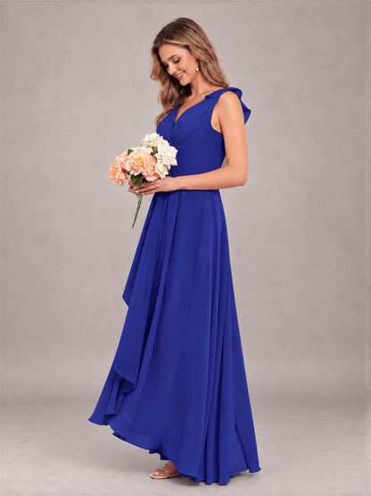 Royal Blue Modern V-Neck Sleeveless Ruffles Floor Length Bridesmaid Dress