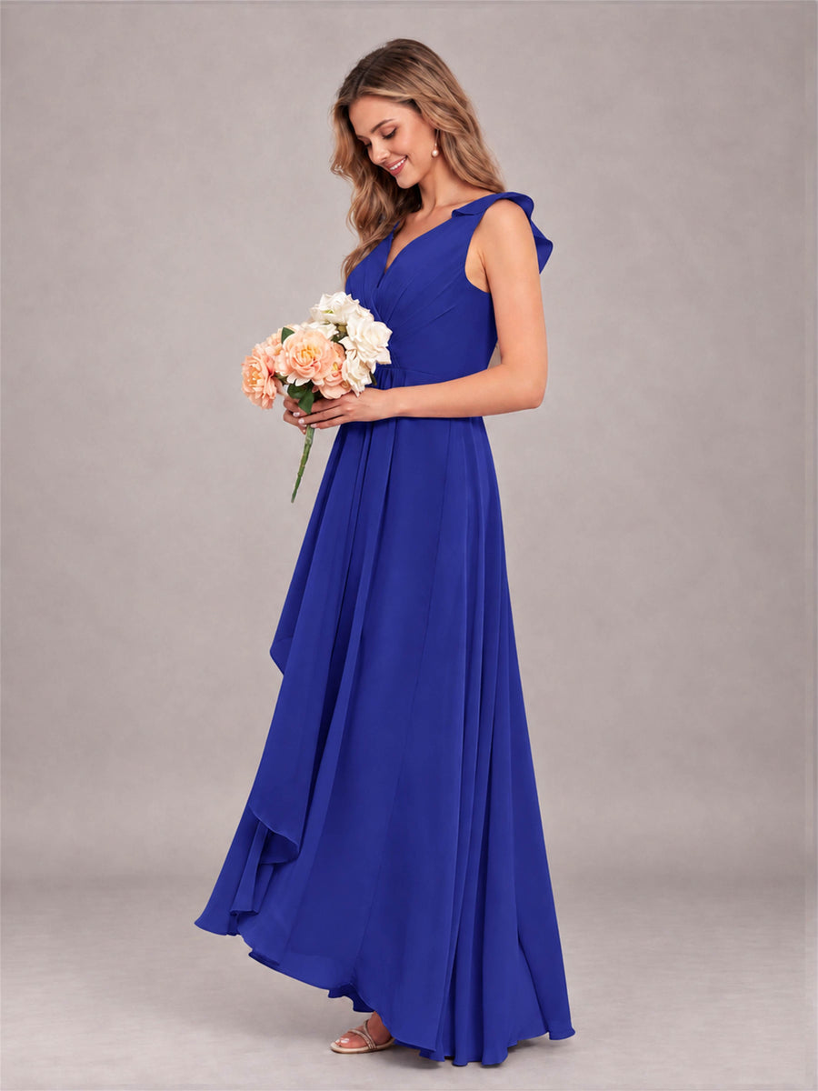 Royal Blue Modern V-Neck Sleeveless Ruffles Floor Length Bridesmaid Dress