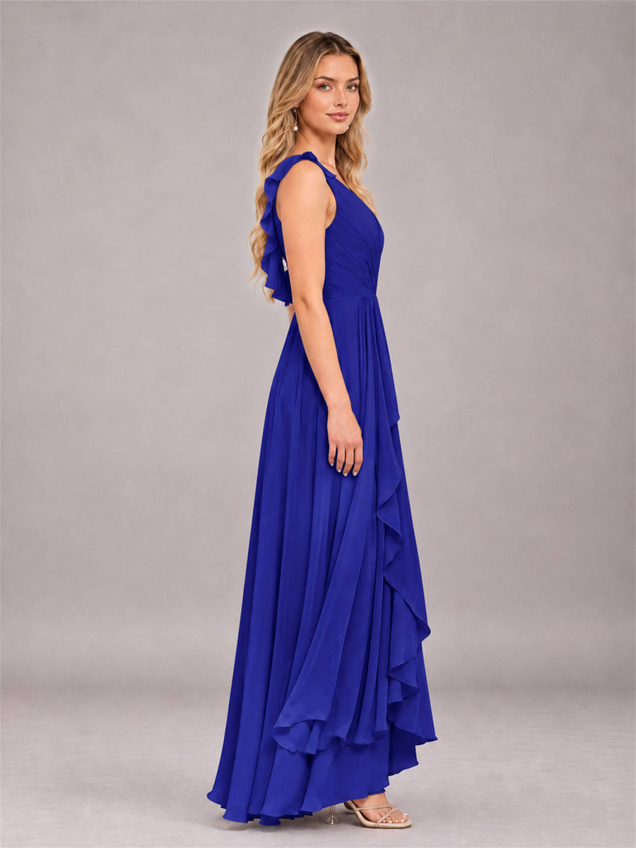 Royal Blue Modern V-Neck Sleeveless Ruffles Floor Length Bridesmaid Dress