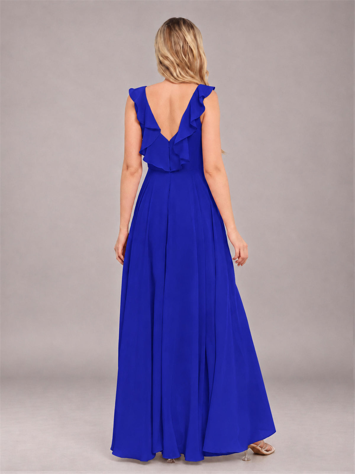Royal Blue Modern V-Neck Sleeveless Ruffles Floor Length Bridesmaid Dress