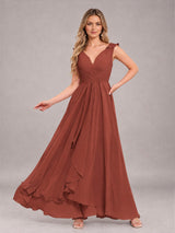 Modern V-Neck Sleeveless Ruffles Floor Length Bridesmaid Dress