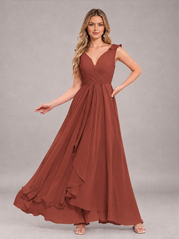 Rust Modern V-Neck Sleeveless Ruffles Floor Length Bridesmaid Dress