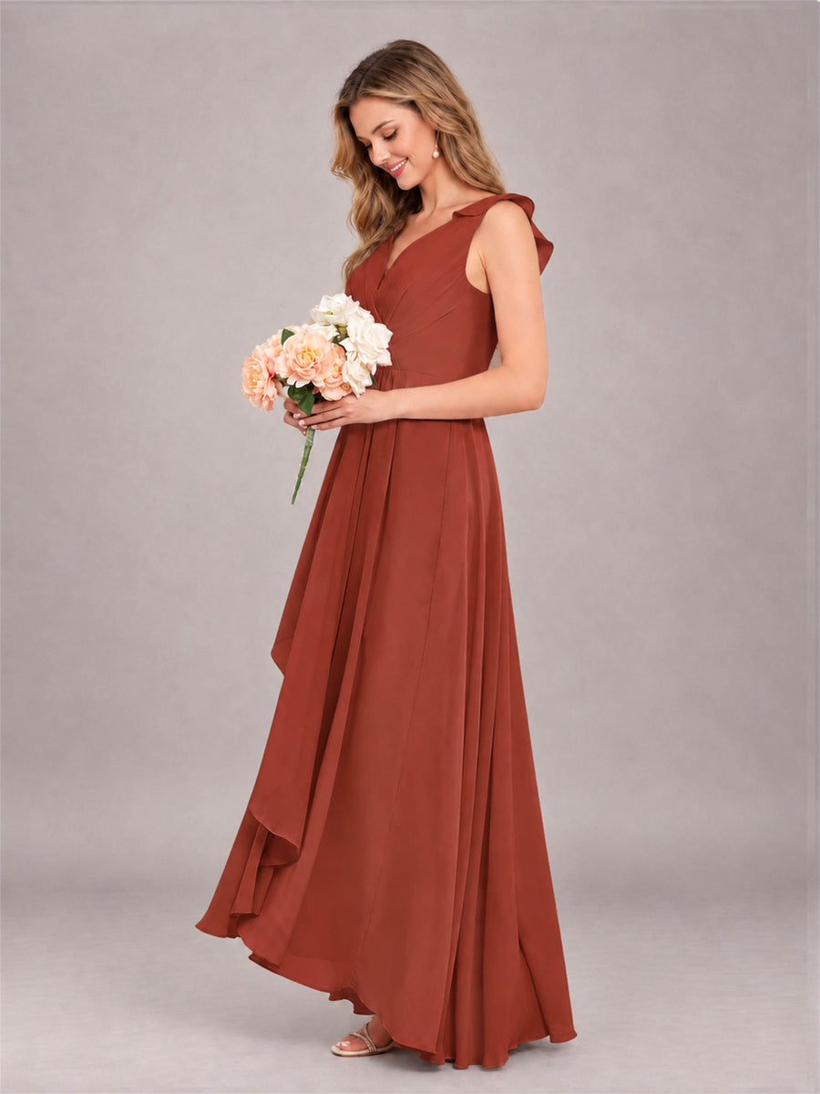 Rust Modern V-Neck Sleeveless Ruffles Floor Length Bridesmaid Dress