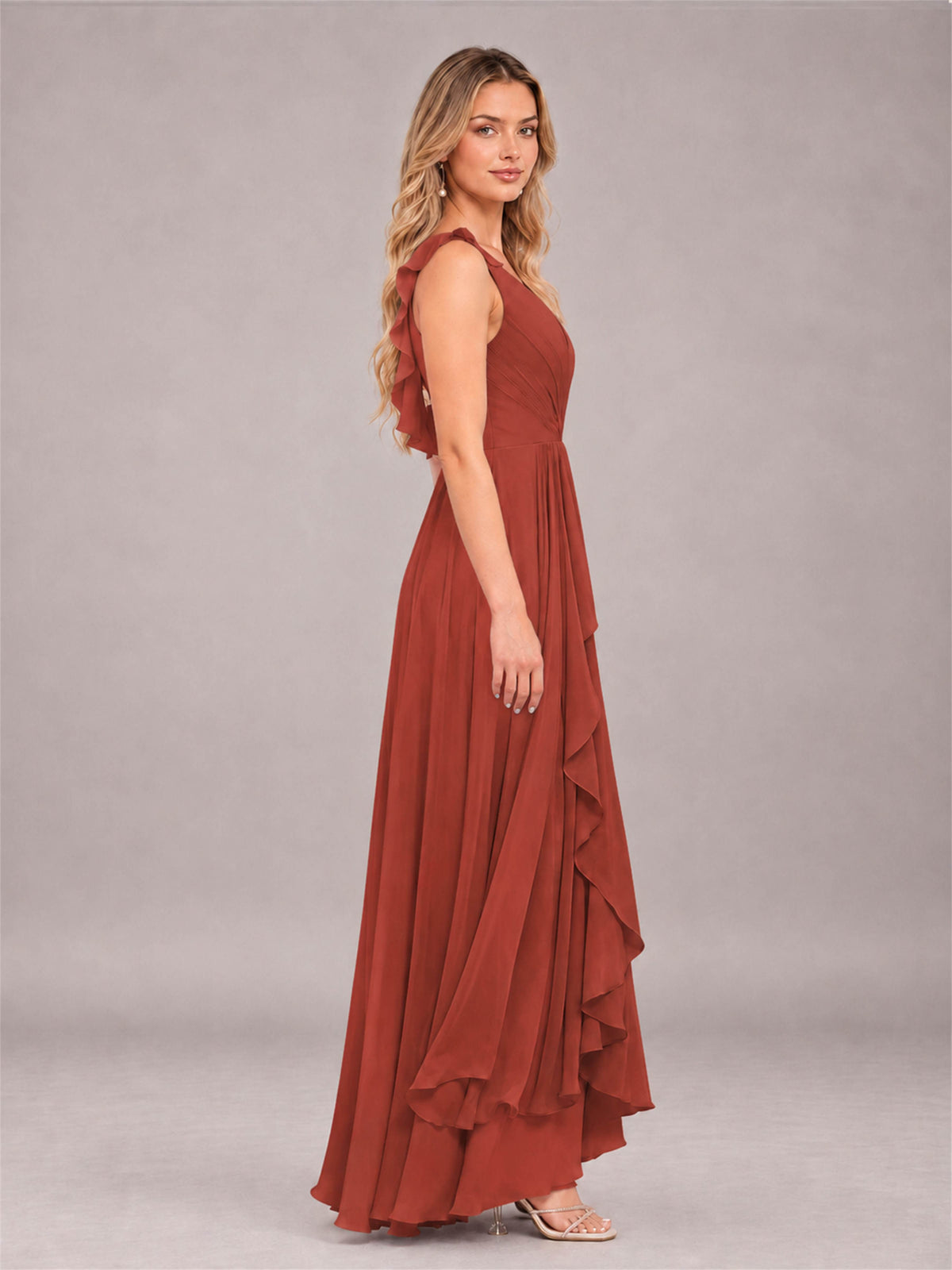 Rust Modern V-Neck Sleeveless Ruffles Floor Length Bridesmaid Dress