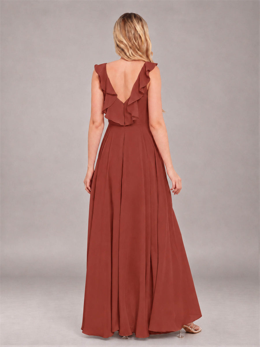 Rust Modern V-Neck Sleeveless Ruffles Floor Length Bridesmaid Dress
