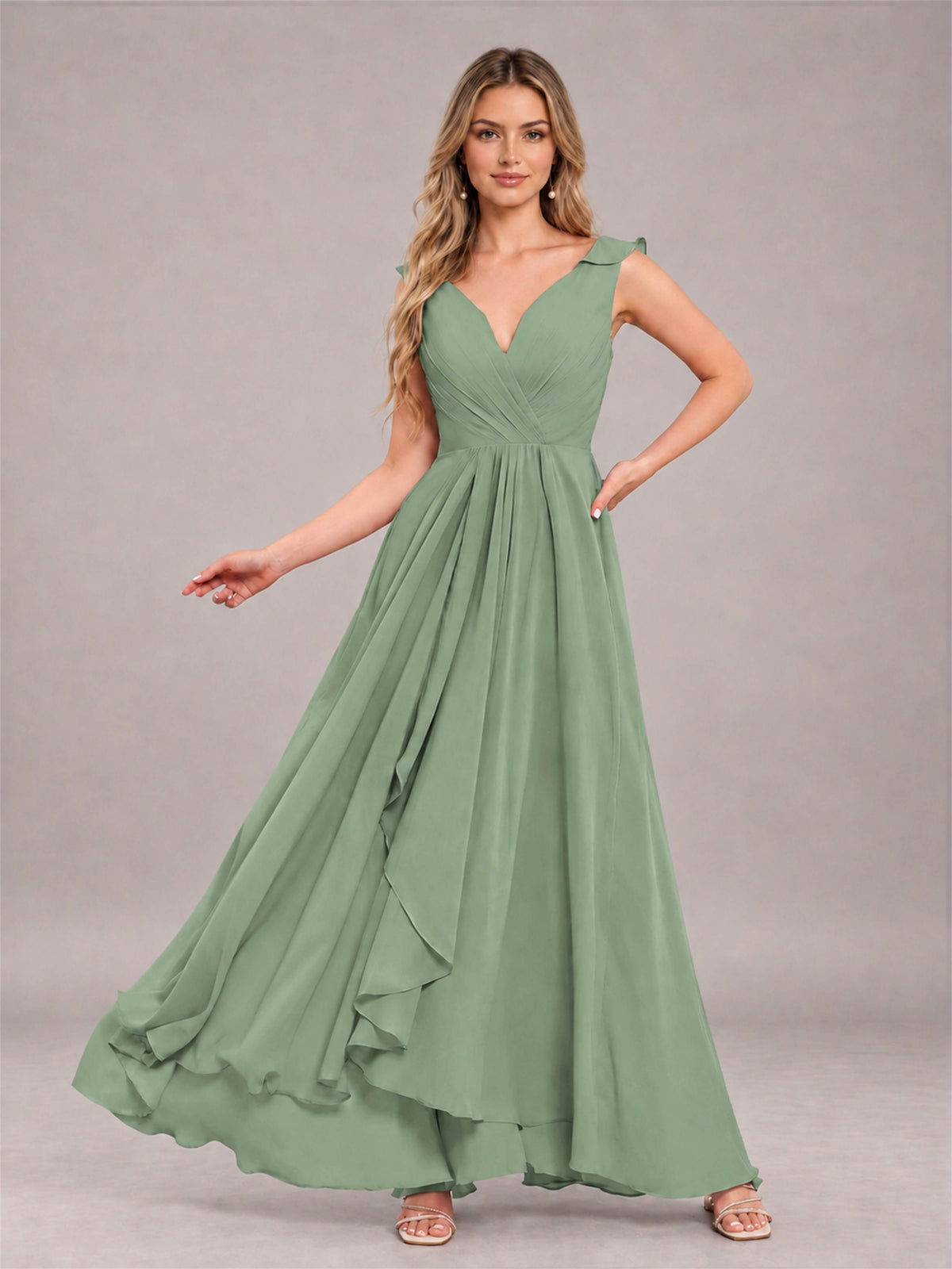 Sage Green Modern V-Neck Sleeveless Ruffles Floor Length Bridesmaid Dress