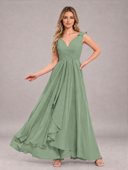 Sage Green Modern V-Neck Sleeveless Ruffles Floor Length Bridesmaid Dress