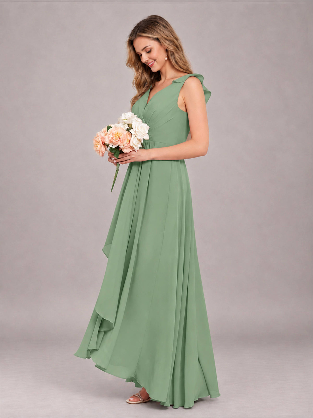 Sage Green Modern V-Neck Sleeveless Ruffles Floor Length Bridesmaid Dress