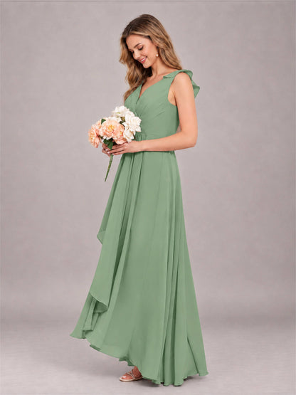 Sage Green Modern V-Neck Sleeveless Ruffles Floor Length Bridesmaid Dress