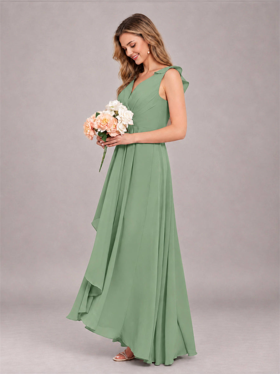 Sage Green Modern V-Neck Sleeveless Ruffles Floor Length Bridesmaid Dress