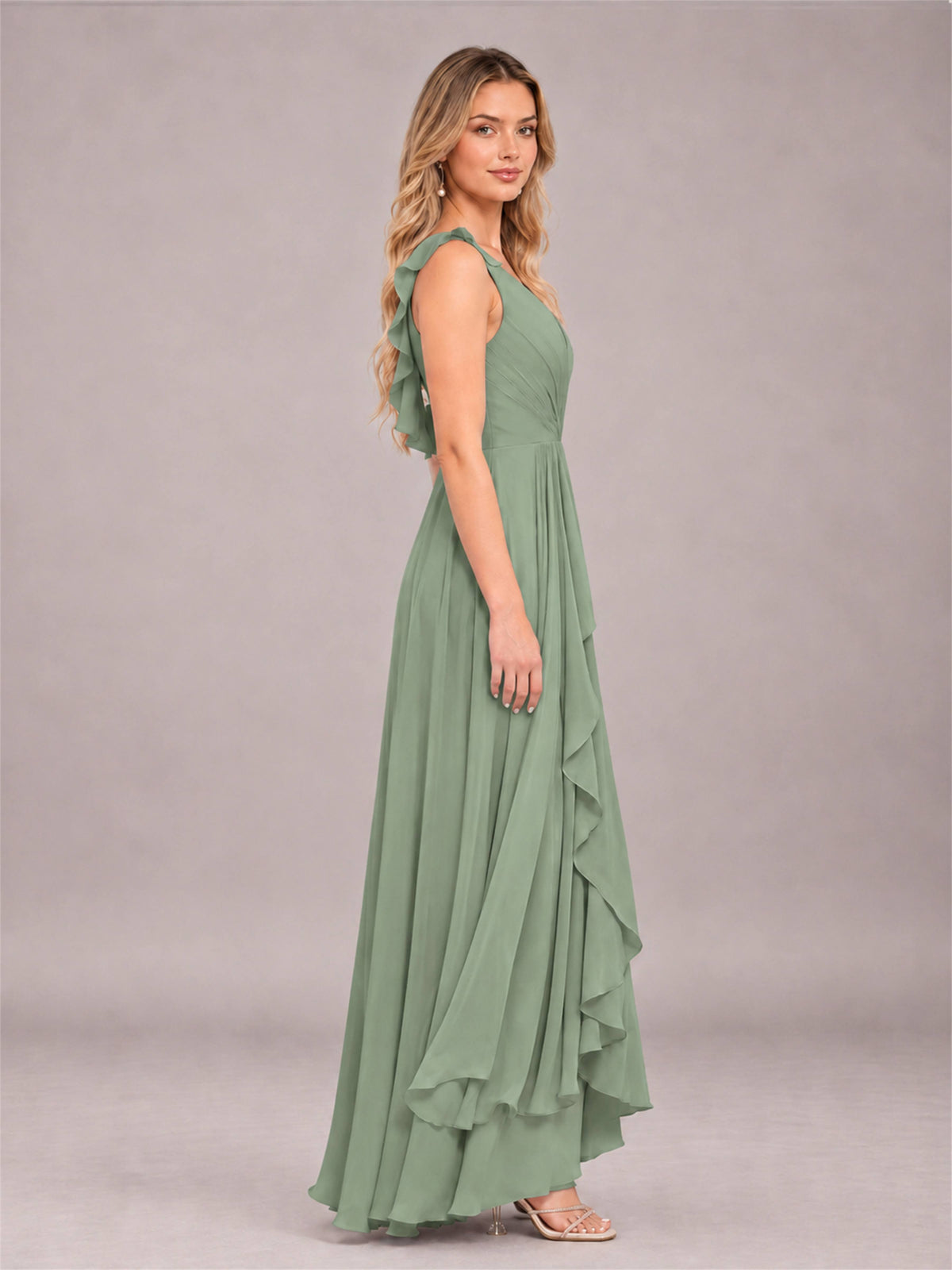 Sage Green Modern V-Neck Sleeveless Ruffles Floor Length Bridesmaid Dress