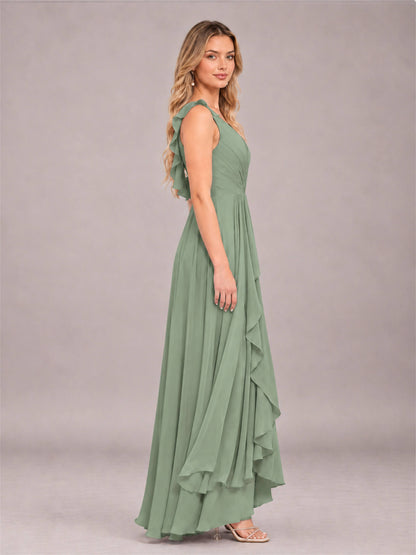Sage Green Modern V-Neck Sleeveless Ruffles Floor Length Bridesmaid Dress