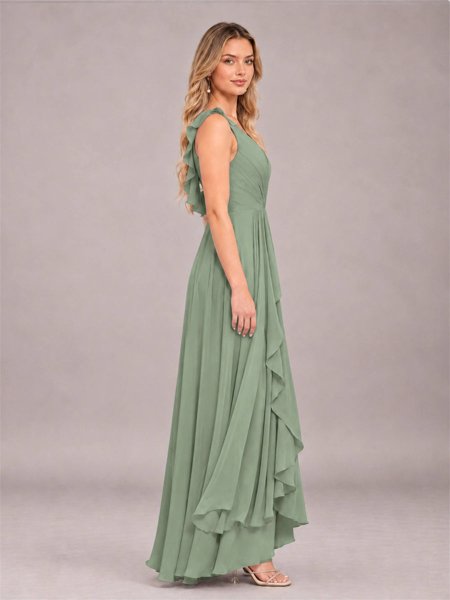 Sage Green Modern V-Neck Sleeveless Ruffles Floor Length Bridesmaid Dress