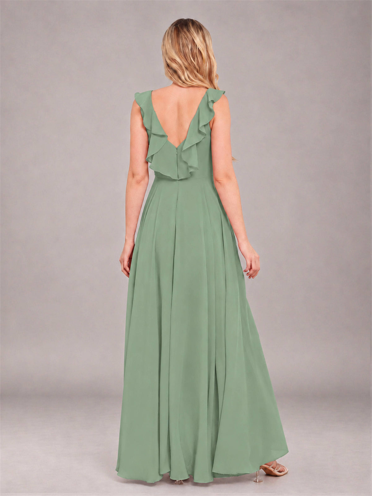 Sage Green Modern V-Neck Sleeveless Ruffles Floor Length Bridesmaid Dress