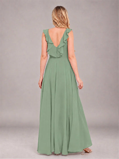 Sage Green Modern V-Neck Sleeveless Ruffles Floor Length Bridesmaid Dress