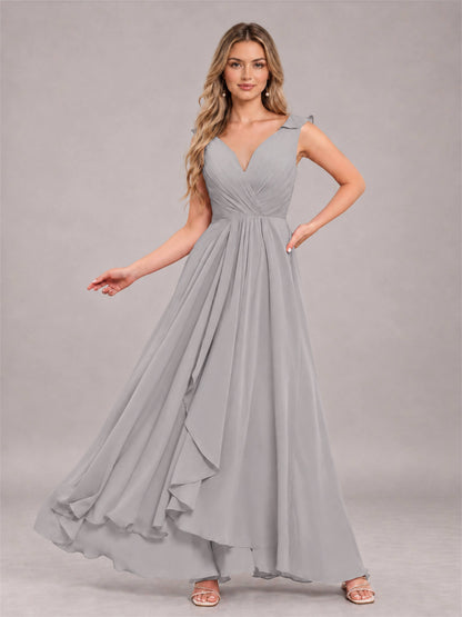 Silver Modern V-Neck Sleeveless Ruffles Floor Length Bridesmaid Dress