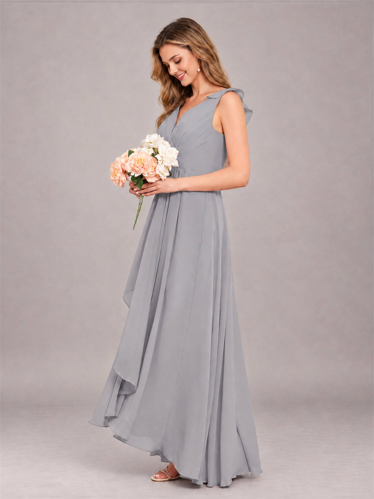Silver Modern V-Neck Sleeveless Ruffles Floor Length Bridesmaid Dress