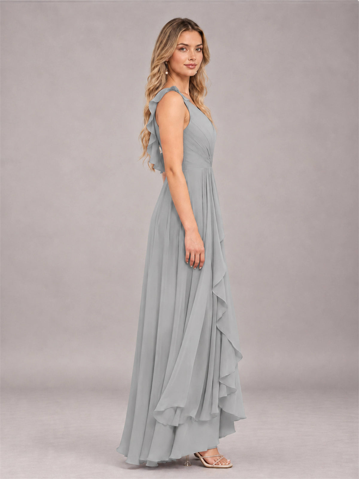 Silver Modern V-Neck Sleeveless Ruffles Floor Length Bridesmaid Dress