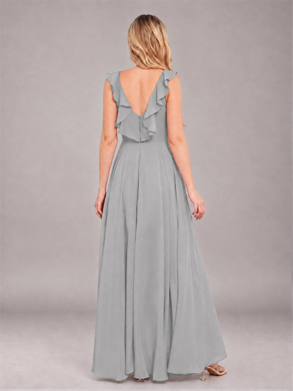 Silver Modern V-Neck Sleeveless Ruffles Floor Length Bridesmaid Dress