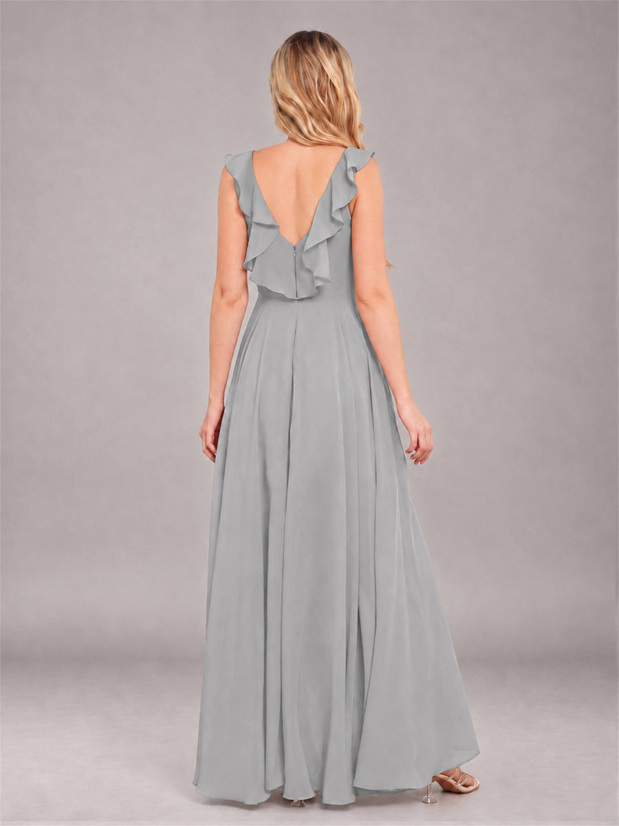 Silver Modern V-Neck Sleeveless Ruffles Floor Length Bridesmaid Dress