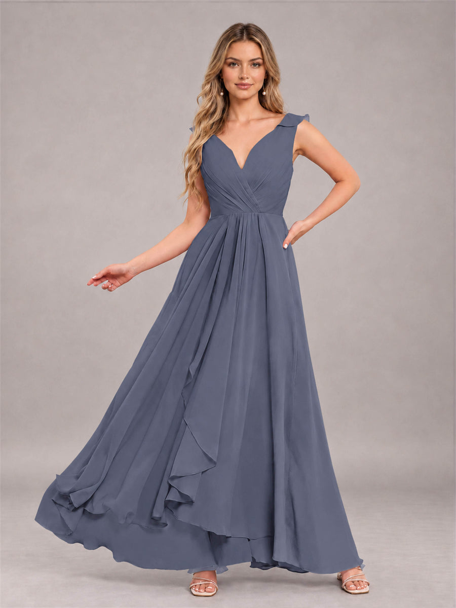 Stormy Blue Modern V-Neck Sleeveless Ruffles Floor Length Bridesmaid Dress