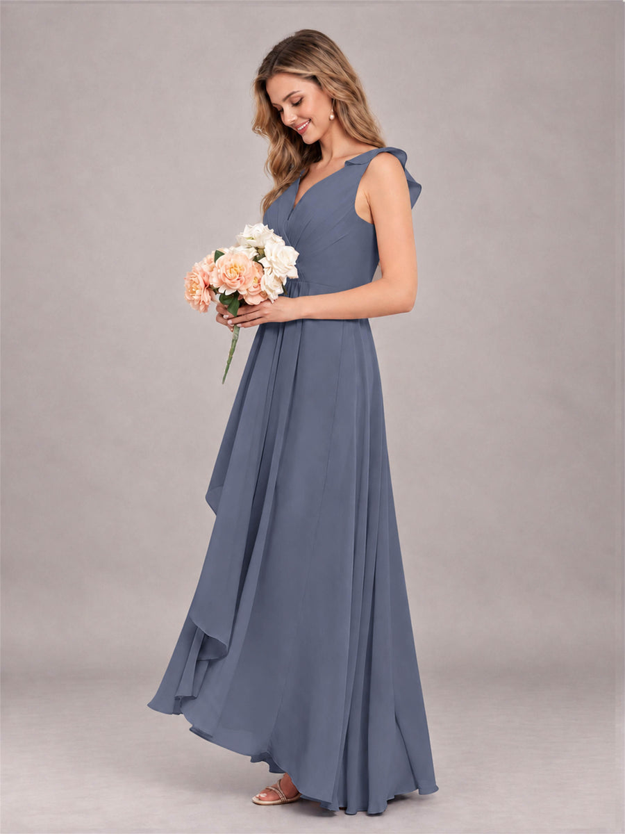Stormy Blue Modern V-Neck Sleeveless Ruffles Floor Length Bridesmaid Dress