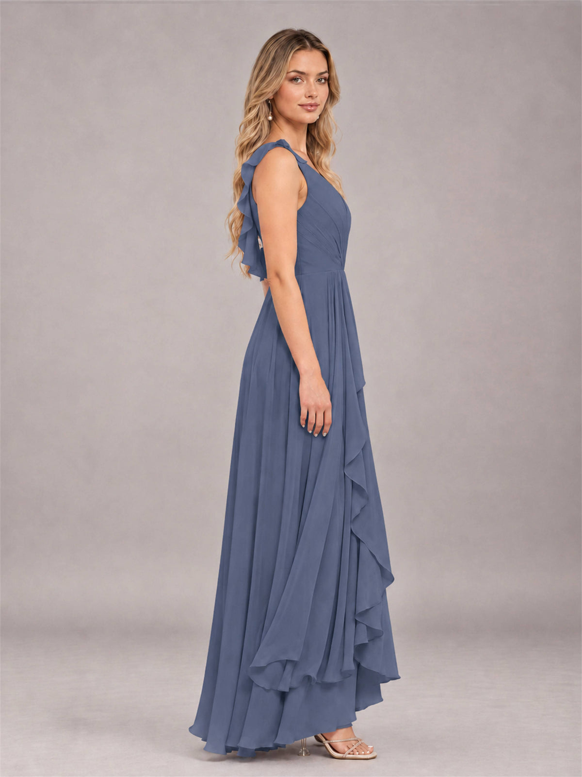 Stormy Blue Modern V-Neck Sleeveless Ruffles Floor Length Bridesmaid Dress