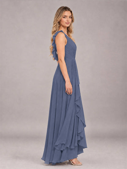 Stormy Blue Modern V-Neck Sleeveless Ruffles Floor Length Bridesmaid Dress