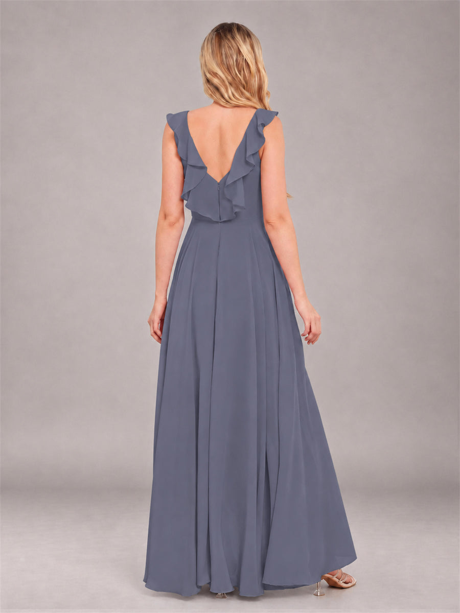 Stormy Blue Modern V-Neck Sleeveless Ruffles Floor Length Bridesmaid Dress