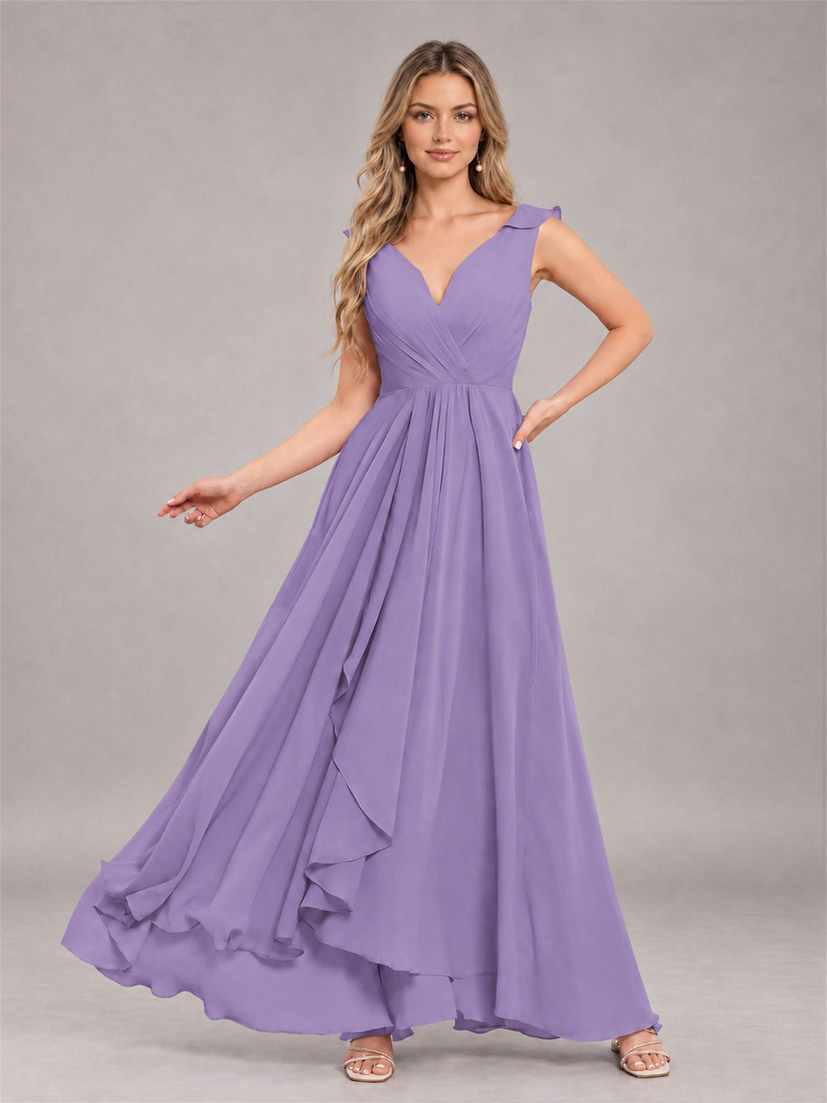 Tahiti Modern V-Neck Sleeveless Ruffles Floor Length Bridesmaid Dress