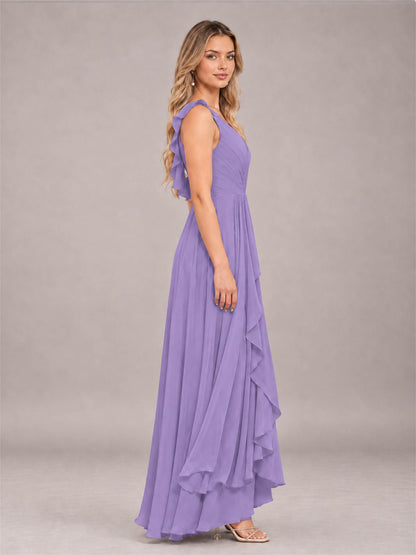 Tahiti Modern V-Neck Sleeveless Ruffles Floor Length Bridesmaid Dress