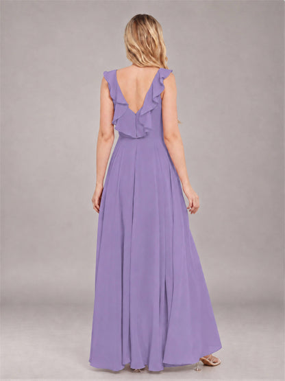 Tahiti Modern V-Neck Sleeveless Ruffles Floor Length Bridesmaid Dress