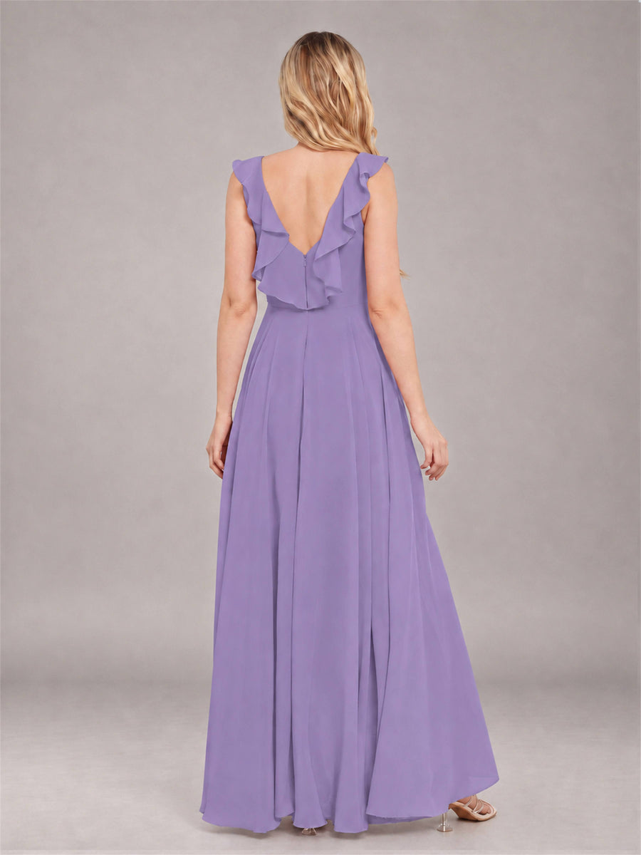 Tahiti Modern V-Neck Sleeveless Ruffles Floor Length Bridesmaid Dress