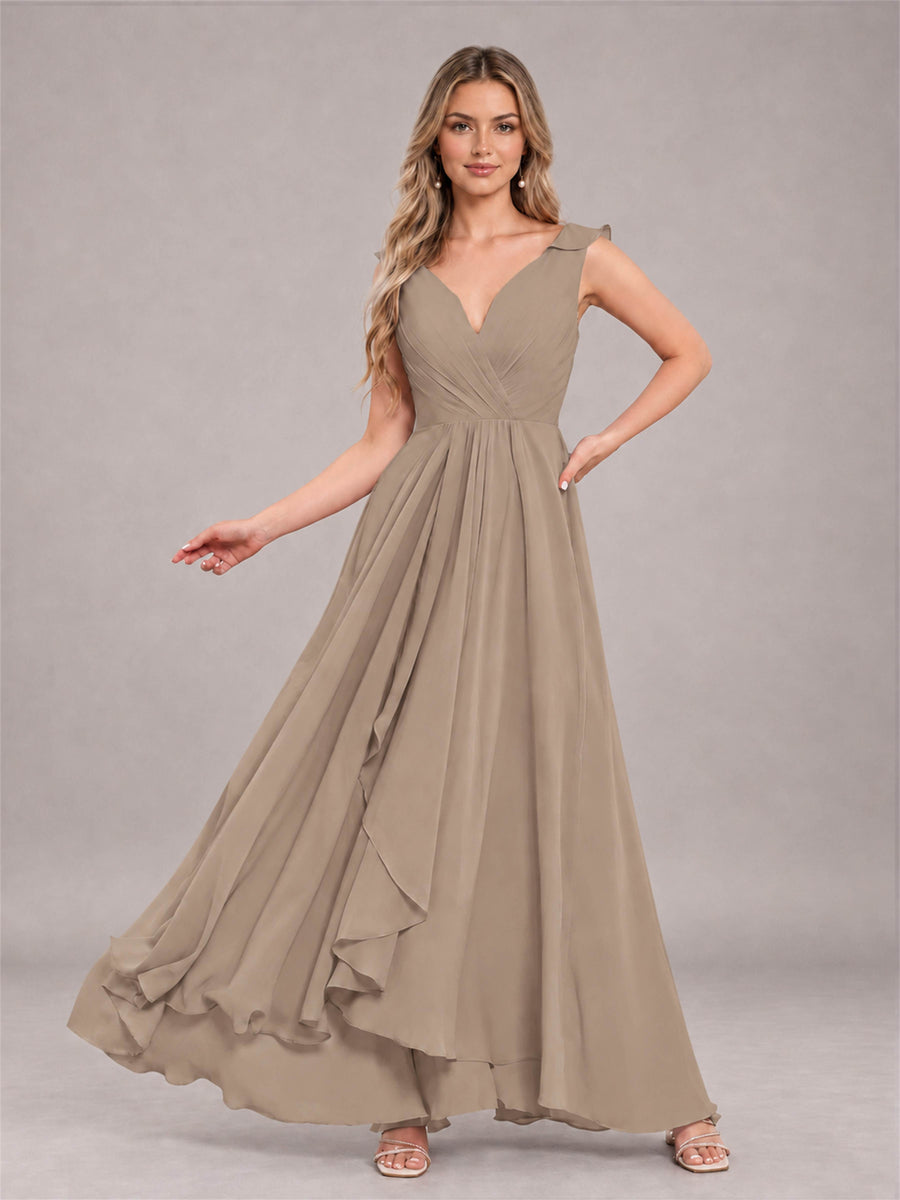 Taupe Modern V-Neck Sleeveless Ruffles Floor Length Bridesmaid Dress