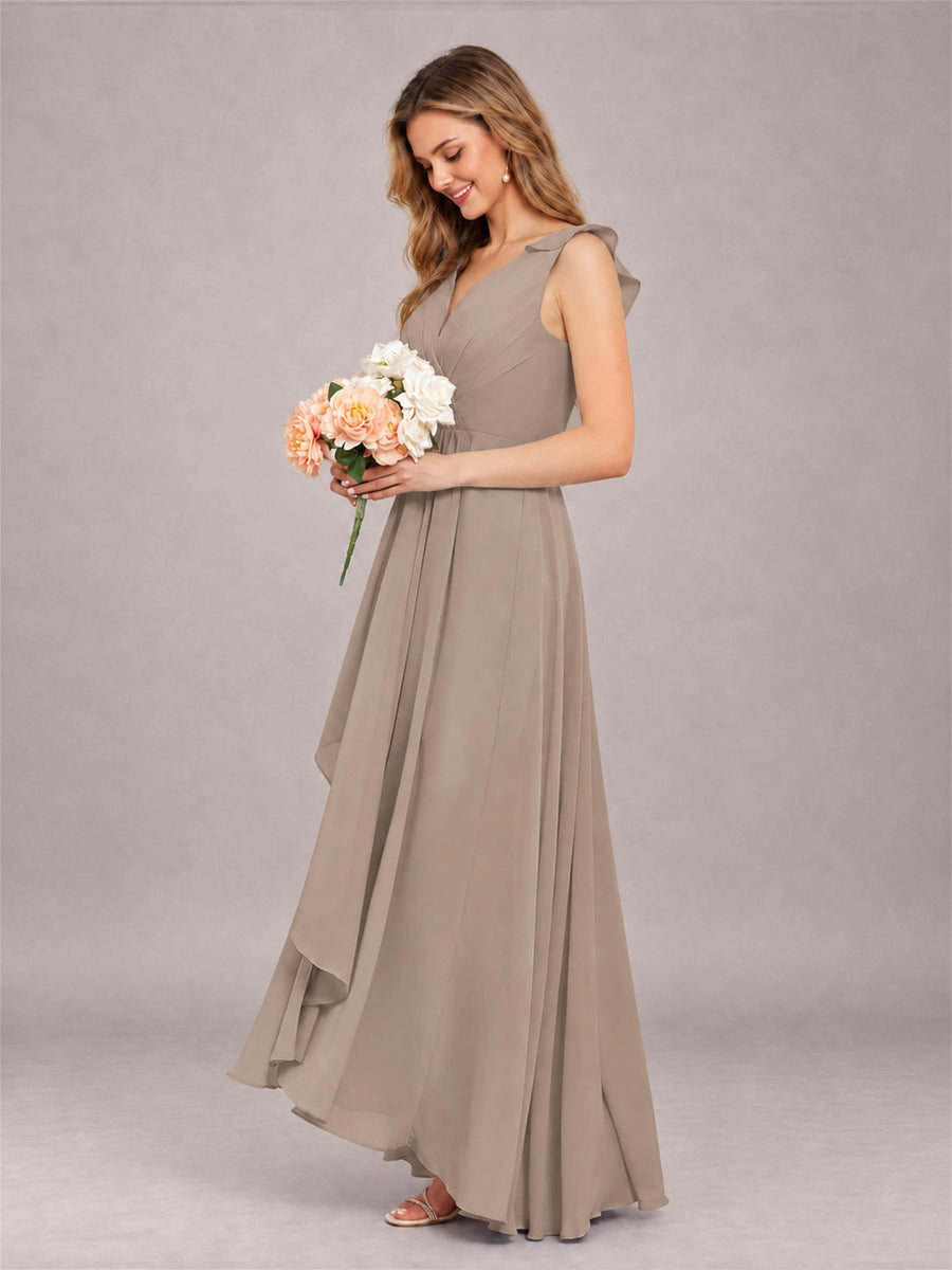 Taupe Modern V-Neck Sleeveless Ruffles Floor Length Bridesmaid Dress