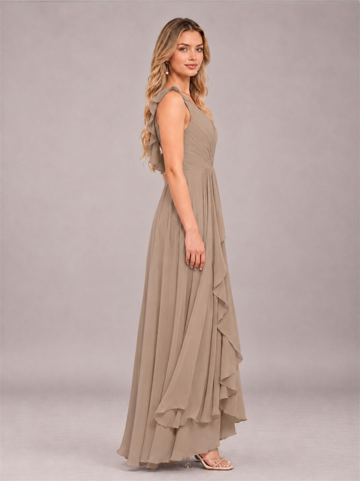 Taupe Modern V-Neck Sleeveless Ruffles Floor Length Bridesmaid Dress