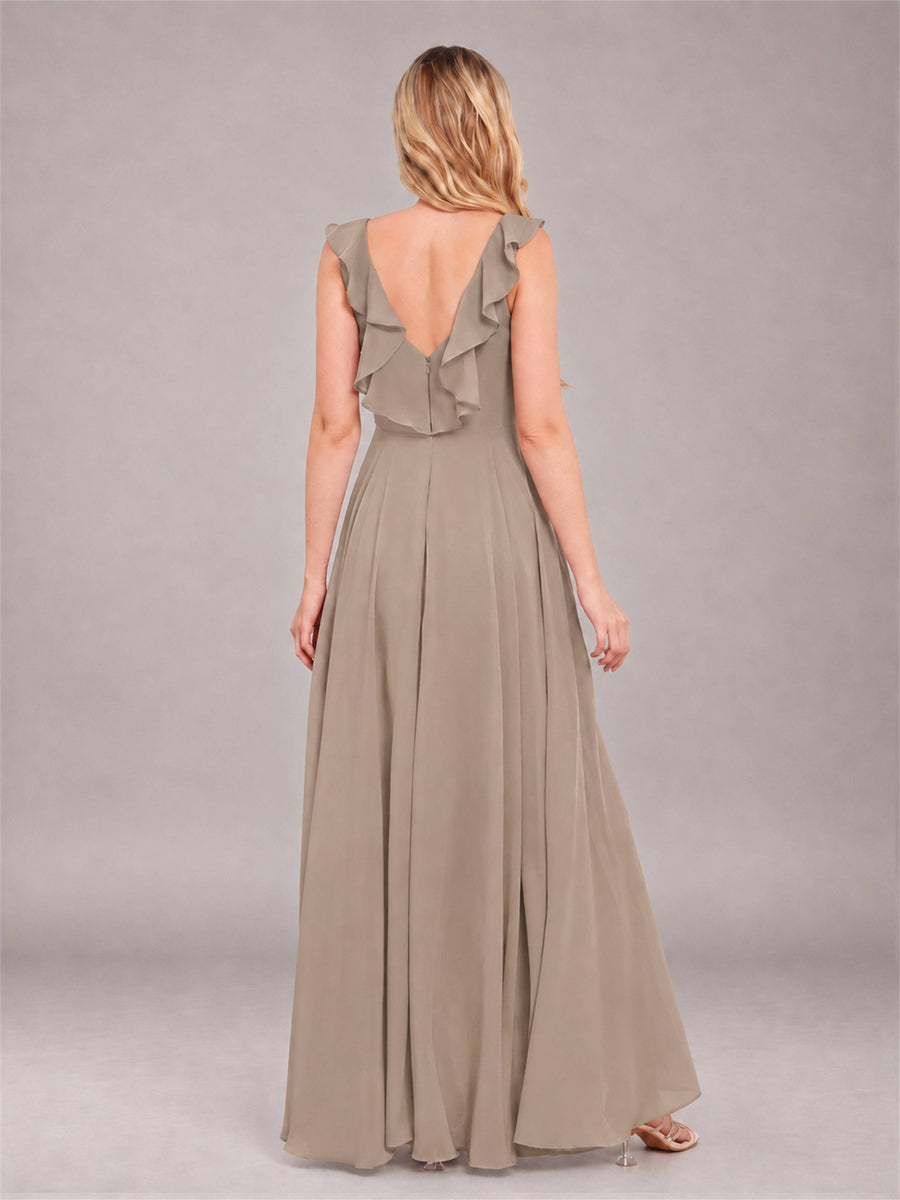 Taupe Modern V-Neck Sleeveless Ruffles Floor Length Bridesmaid Dress