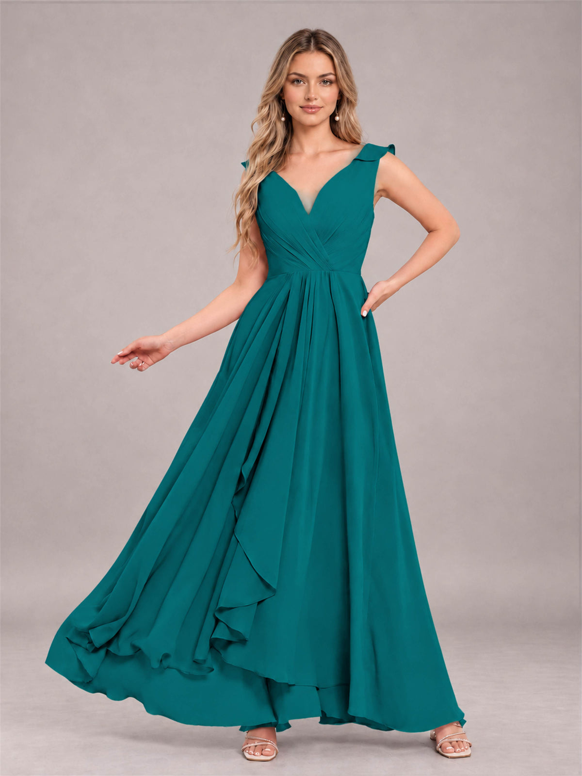 Teal Modern V-Neck Sleeveless Ruffles Floor Length Bridesmaid Dress