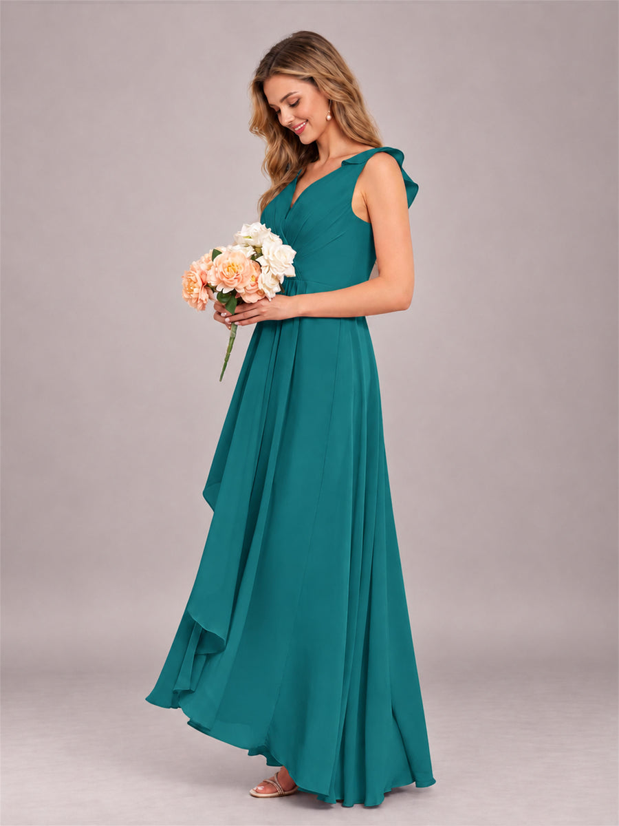 Teal Modern V-Neck Sleeveless Ruffles Floor Length Bridesmaid Dress