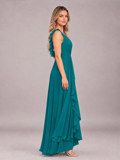 Teal Modern V-Neck Sleeveless Ruffles Floor Length Bridesmaid Dress
