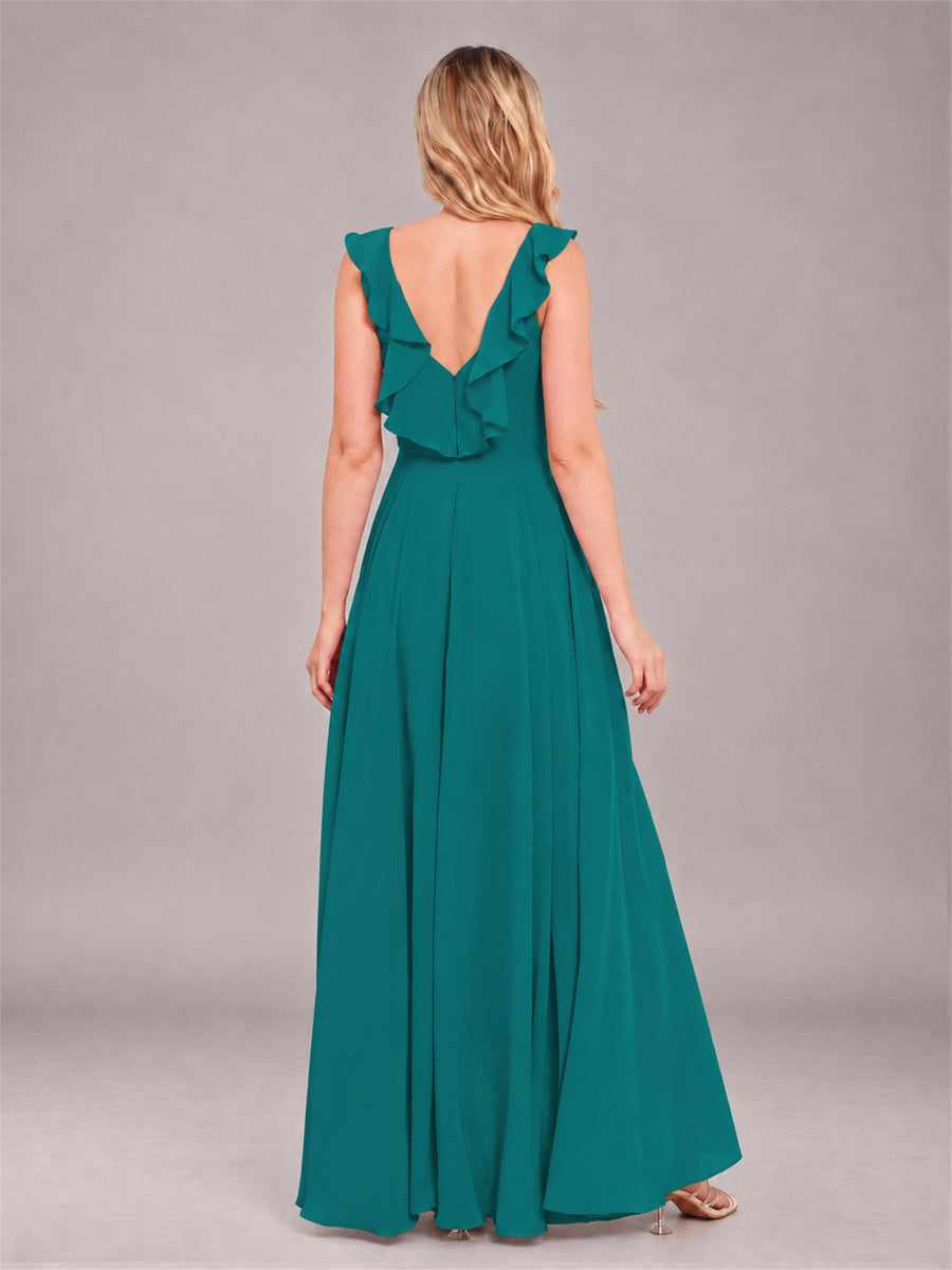 Teal Modern V-Neck Sleeveless Ruffles Floor Length Bridesmaid Dress