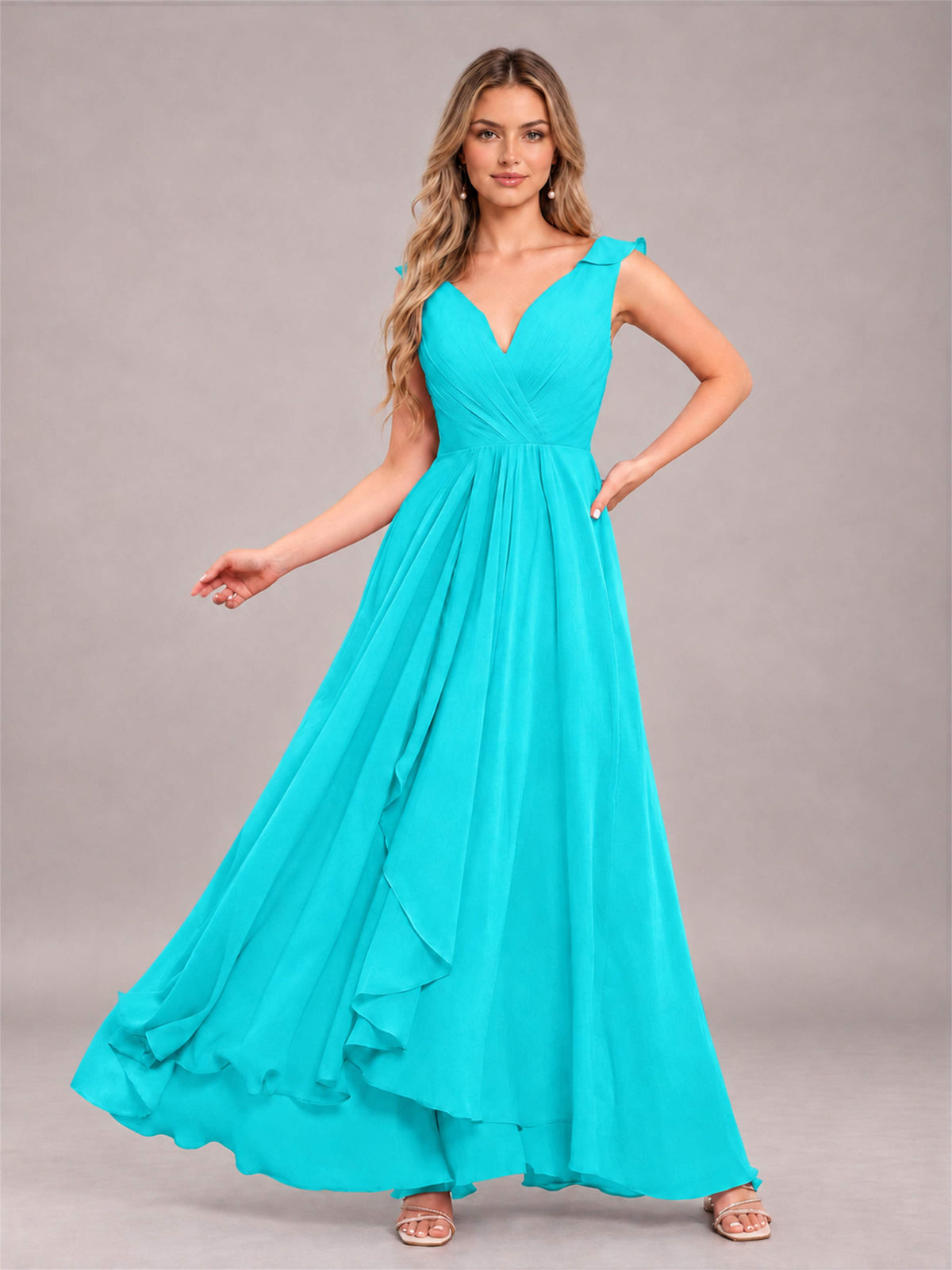 Turquoise Modern V-Neck Sleeveless Ruffles Floor Length Bridesmaid Dress